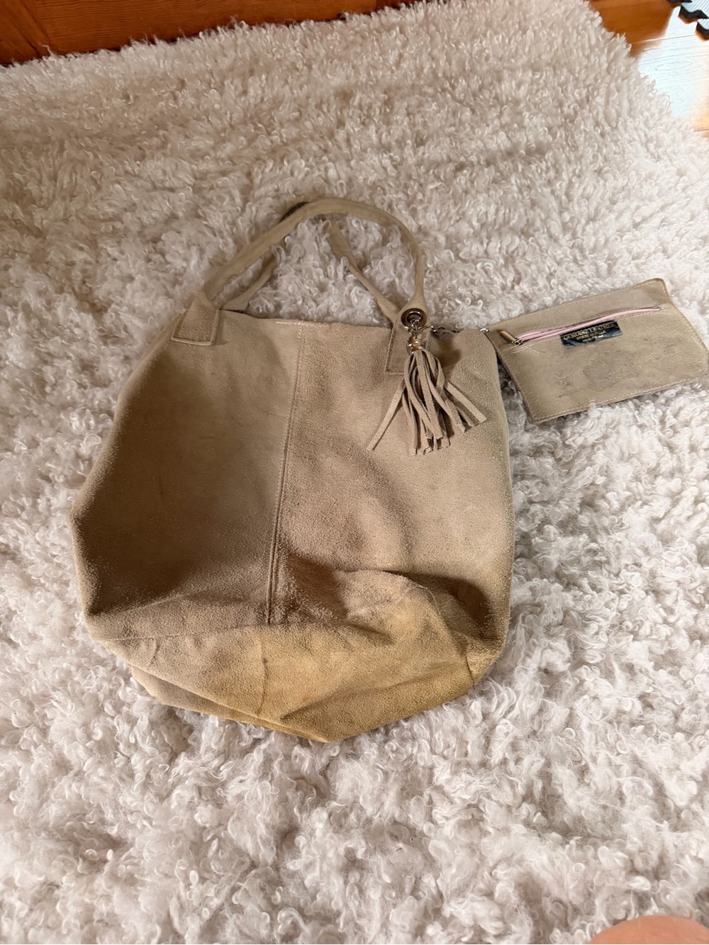 Italian Neutral Beige Genuine Suede Tote Bag with Tassel Accent